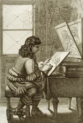 Ein Künstler kopiert auf eine Gravurplatte, gedruckt 1737